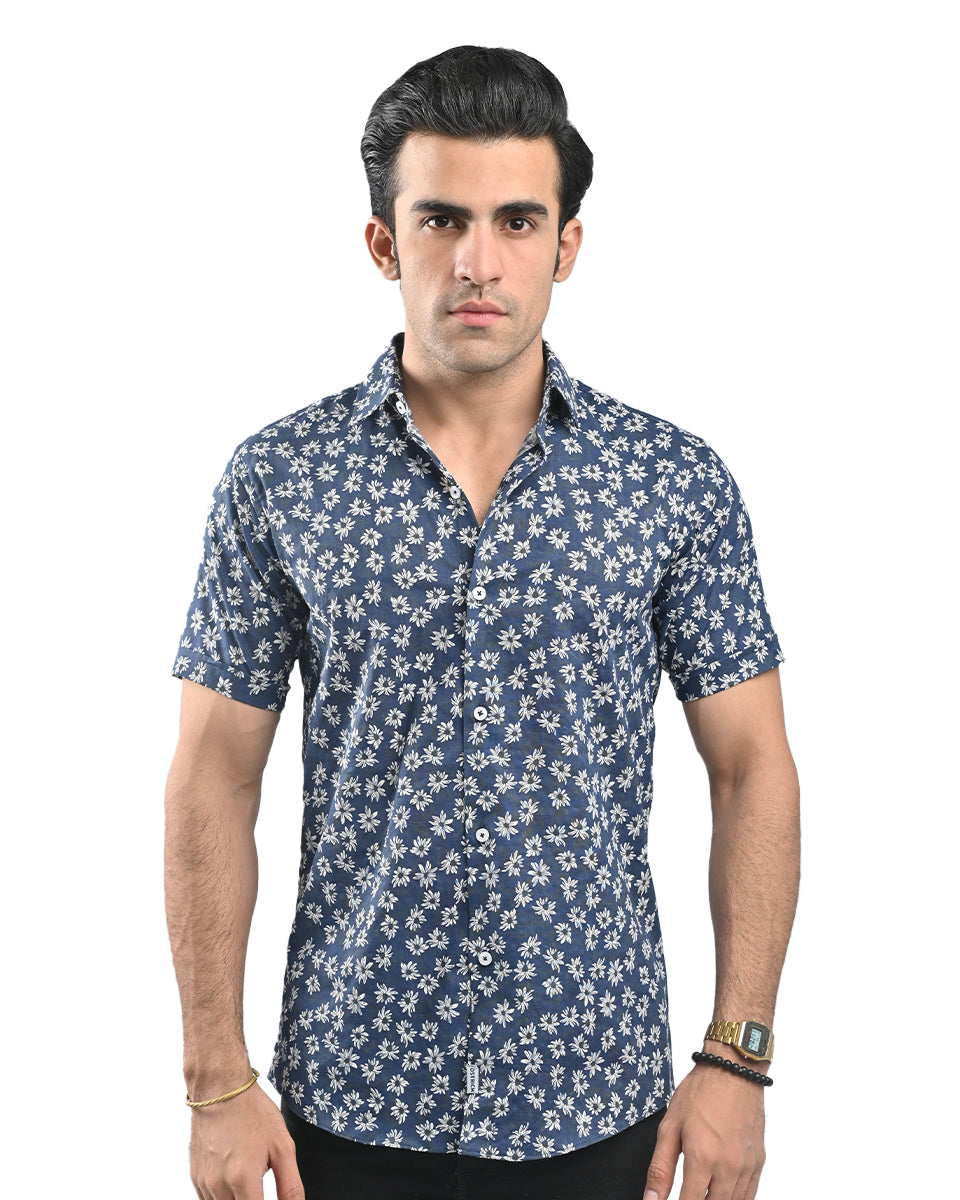 ⁠Blue&White Floral Casual Shirt